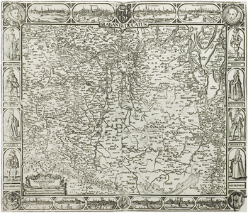 120368 Reproductie van een kaart getiteld Brabantia Ducatus. Kaart hertogdom Brabant met aan de onder- en bovenzijde in ...