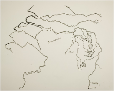 120397 Reproduktie van een kaart met daarop de reconstructie van het woongebied van de Taxandriërs., 1977