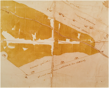 120413 Reproductie van een detail van een kaart van Aarle-Rixtel met daarop aangegeven de grenzen van gemeint, wegen, ...