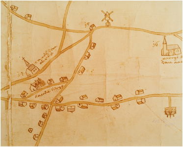 120417 Reproductie van een detail van een kaart van Aarle-Rixtel met daarop aangegeven de grenzen van gemeint, wegen, ...