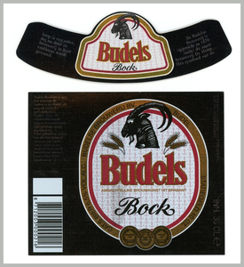 45364 Reclame ter promotie van de Budelse bierbrouwerij, Budel: Etiketten van de flesjes Budels Bier, Budels Bock ...