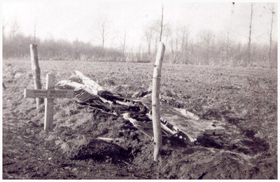 45465 Resten Duits gevechtsvliegtuig met graf omgekomen piloot Gerhard Rieckhoff (Duitse Luchtmacht). Weg Soerendonk ...