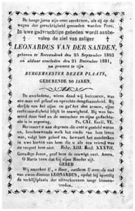 45510 Bidprent ter nagedachtenis van burgemeester van Soerendonk Leo van der Sanden, , 21-12-1881