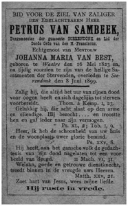 45514 Achterzijde gedachtenisprentje oud burgemeester van Soerendonk P. van Sambeek, 08-06-1899