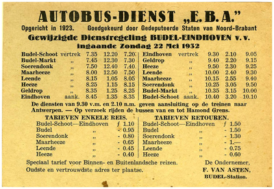 45534 Dienstregeling en tarieven Autobusdienst F. van Asten, Budel, 22-05-1932