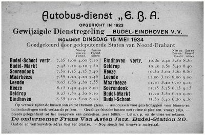 45537 Gewijzigde dienstregeling Autobusdienst F. van Asten, Budel, 15-05-1934