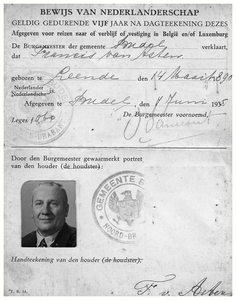 45551 Autobusdienst F. van Asten, Budel: Bewijs van Nederlanderschap van Franscis van Asten d.d. 07-06-1935, 07-06-1935