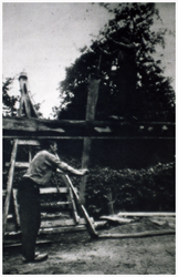 45707 Houtzagerij Budel: Houtzager Meusen met handmatig zagen van boom. 1. Sjef Meusen;, 1940 - 1950