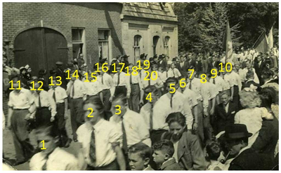 45736 Processie Budel: in Kerkstraat voor eierboer Kennis. Groep jonge werkmannen. 1e rij: 2. Rutten; 5. Bogers; 7. ...