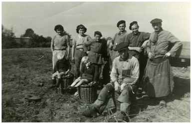 45762 Familie Claes en van Meijl, Gastel: aardappelen rooien 1. Bert van Meijl, 2, Herman van meijl, 3. Leo van Meijl, ...