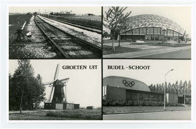 46364 Prentbriefkaart Budel van: IJzeren Rijn, Schulp (sporthal) Budel, Molen Janzona Zwembad, z.j.