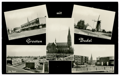 46383 Prentbriefkaart Budel: Capucijnerplein, Molen Zeldenrust, De Root, RK O.L.V. Visitatie Kerk, De Root, 1970
