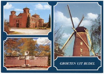 46396 Collage Prentbriefkaart: RK Kerk Budel-Dorplein, monument Dr. Ant. Mathijsen, Budel, Molen Zeldenrust, Budel, ...