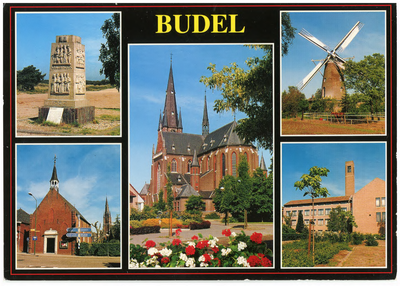 46400 Collage Prentbriefkaart: Grensmonument tussen Budel-Weert, Protestantskapelletje, RK Kerk Budel, Molen ...
