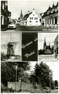 46496 Collage van 4 foto's, Budel, waarop: Molen Janzona, monument Dr. Ant. Mathijsen, 1970