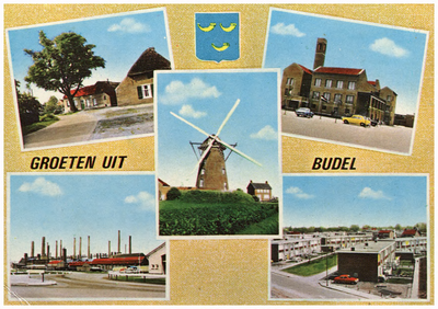 46520 Collage van 5 foto's: Klein Schoot, Gemeentehuis Budel, molen Nooitgedacht Budel, zinkfabriek, Budel-Dorplein en ...