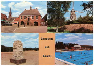 46522 Collage van 4 foto's Budel: Gemeentehuis, Molen Zeldenrust, openlucht zwembad, geuzen monument, 1982 - 1990