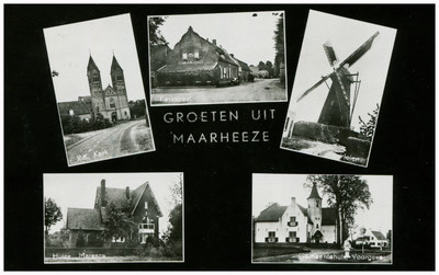 46607 Collage van 5 foto's Maarheeze: betreffende R.K. Kerk St. Gertrudis, Hof van Holland, Molen, Huize Mareska ...