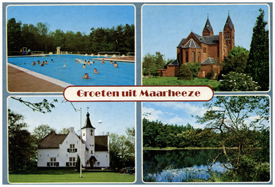 46637 Collage van 4 foto's Maarheeze: zwembad Cranendonck, RK kerk St. Gertrudis, gemeentehuis, Bosven, 1999