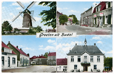 46654 Collage van 4 foto's Budel, links boven molen Nooitgedacht Meemortel, rechts boven Markt met Hotel De Arend en ...