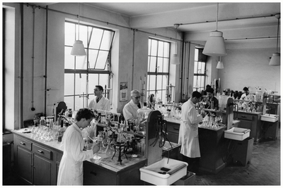49325 Werken in de zinkfabriek Budel-Dorplein, Laboratorium met Annie Smulders en Alphons Bogaerts, 1955-1965