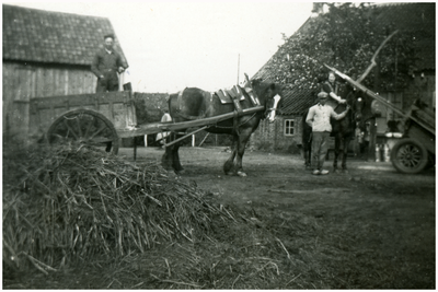 52199 Sjang, Thieu en Truus Slegers met paard en wagen, Soerendonk, mrt 1937