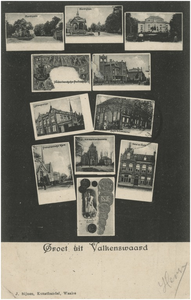 253291 Collage van 11 foto's met 1) Het Marktplein, 2) het Marktplein 3) vermoedelijk Villa Treeswijk 4) postzegels 5) ...