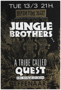 400066 Aankondiging van de hiphopformaties The Jungle Brothers en in het voorprogramma A tribe Called Quest, 13-3-1990