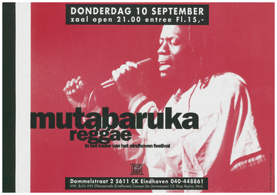 400196 Aankondiging van de Jamicaanse zanger Mutabaruka ( Dit optredfen werd gegeven in het kader van het Eindhoven ...