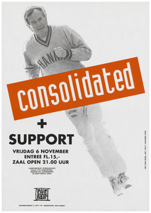 400207 Aankondiging van de Amerikaanse band Consolidated met support (onbekend). Op de poster staat een joggende Bush ...