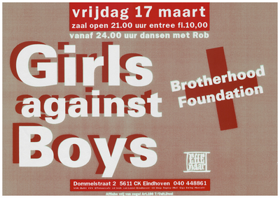 400356 Aankondiging van de Amerikaanse band Girls against boys en de Tilburgse band Brotherhood Foundation, 17-3-1995
