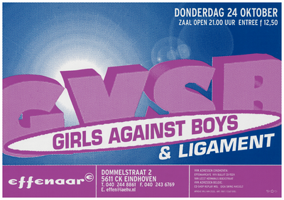 400481 Aankondiging van de Amerikaanse band Girl against boys en de band Ligament als voorprogramma, 24-10-1996