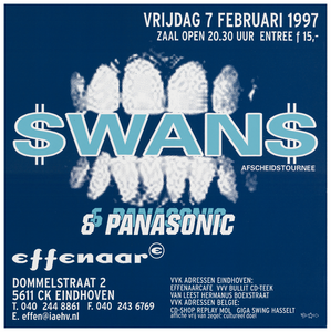 400507 Aankondiging van het afscheidsconcert van de Amerikaanse band Swans en de Finse band Panasonic , 7-2-1997