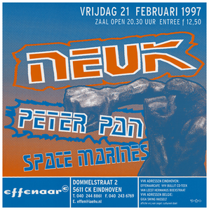 400509 Aankondiging van de band Neuk afkomstig uit Hoofddorp/ Amsterdam, de Eindhovense band Peter Pan en de Space ...