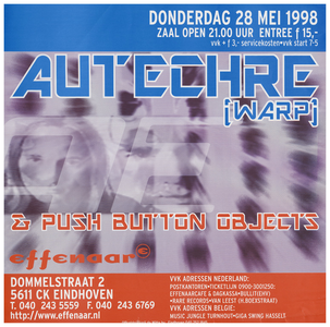 400618 Aankondiging van het Engelse duo Autechre en de artiest Push bottom objects, 28-5-1998