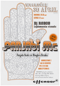 400782 Aankondiging van de Engelse muzikant Panjabi mc, dj Robob en als vj st Leptomania visuals, 30-4-2003