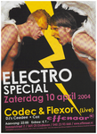 400822 Aankondiging van een electro special met live het duo Codec & Flexor en verder de dj's Ceedee en Caz, 10-4-2004