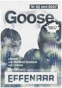 400931 Aankondiging van de Belgische band Goose met vervolgens de dj's Matik de Engelman Mindfield General en de ...