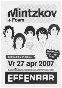 400937 Aankondiging van de Belgische band Mintzkov (voorheen Mintkov Luna ) en de Eindhovense band Foam, 27-4-2007