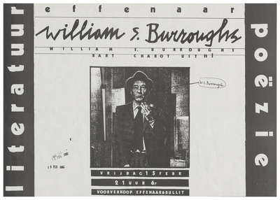 401197 Aankondiging van de Amerikaanse schrijver William S. Burroughs en de Haagse dichter/ schrijver Bart Chabot, 15-2-1980