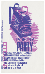 401199 Aankondiging van een literaire avond getiteld Poetry Party met de Haagse (podium)dichter Adriaan Bontebal, de ...