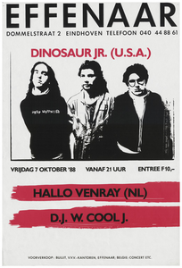401279 Aankondiging van de Amerikaanse band Dinoaur jr.met als voorprogramma de Haagse band Hallo Venray en verder werd ...