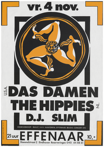 401281 Aankondiging van de Amerikaanse band Das Damen de Nederlandse band The Hippies en d.j. Slim, 4-11-1988