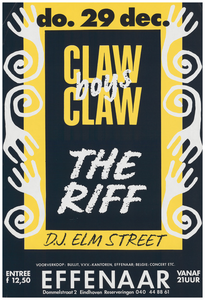 401289 Aankondiging van de Amsterdamse band Claw boys claw met in het voorprogramma de Haagse band The Riff en tussen ...