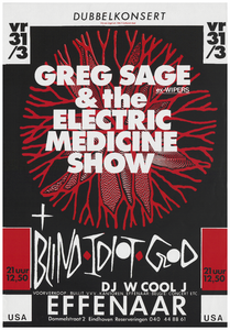 401300 Aankondiging van de Amerikaanse artiest Gresg sage en zijn band the Electric Medicine show en de Amerikaanse ...