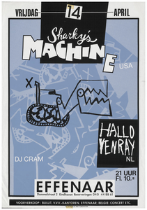 401301 Aankondiging van de Amerikaanse band Sharky's machine en de Haagse band Hallo Venray en werd er gedraaid door dj ...