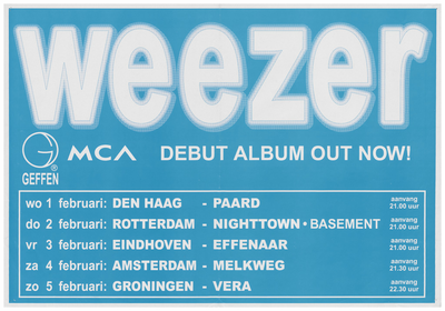 401608 Tourposter van de Nederlandse tour van de Amerikaanse band Weezer ter aankondiging van 5 optredens met op 1-2 ...