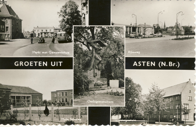 577651 Prentbriefkaart met dorpsgezichten uit Asten, 1957