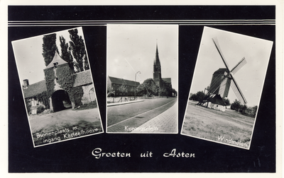 578003 Prentbriefkaart met foto's van Kasteel ingang, Koningsplein en Windmolen, 1955-1965