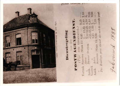 576336 Dienstregeling van de postkoets (Sluis XI naar Deurne). Pand op de foto is hotel Gitzels, 1900